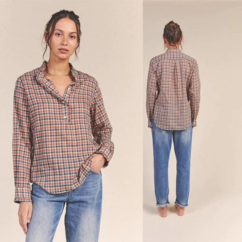 Birds of Paradis Breezy Ruffled High Neck Blouse Top Bonita Plaid Size: XS NWT
